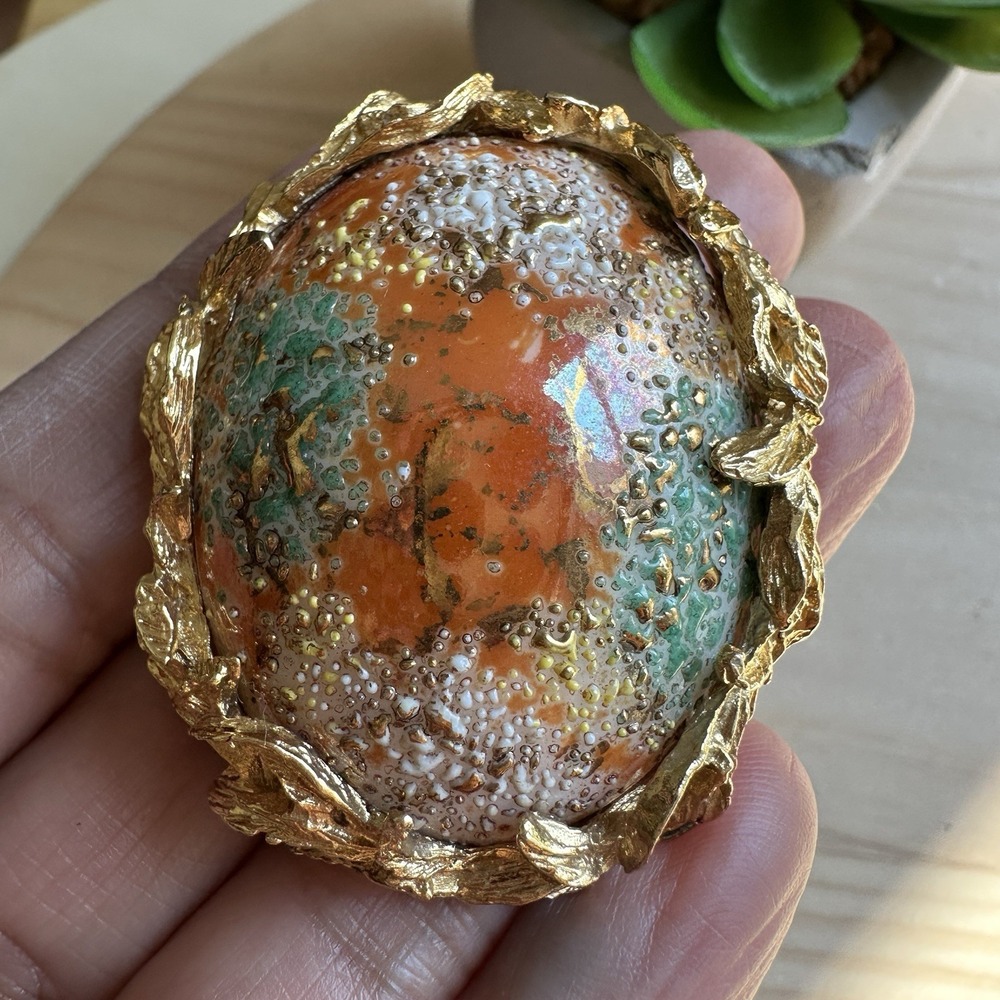 VTG Elizabeth Morrey Pendant Brooch 1.875 Inch Easter Egg Cab Art‎ Glass Gold